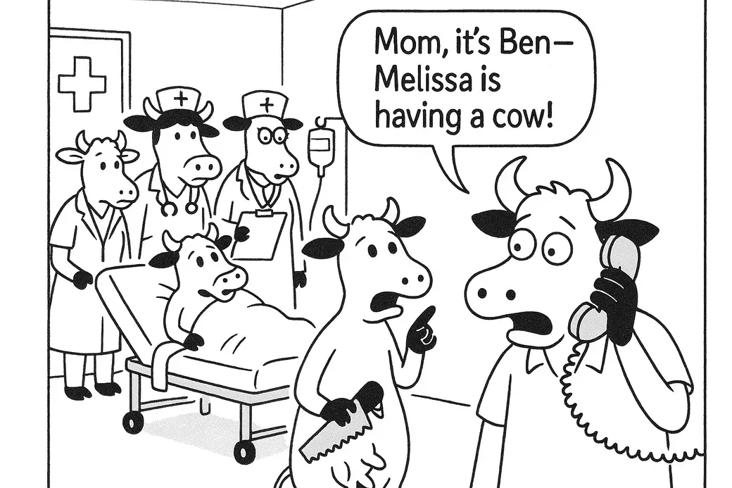 A cow calls to say Melissa is having a cow in a hospital