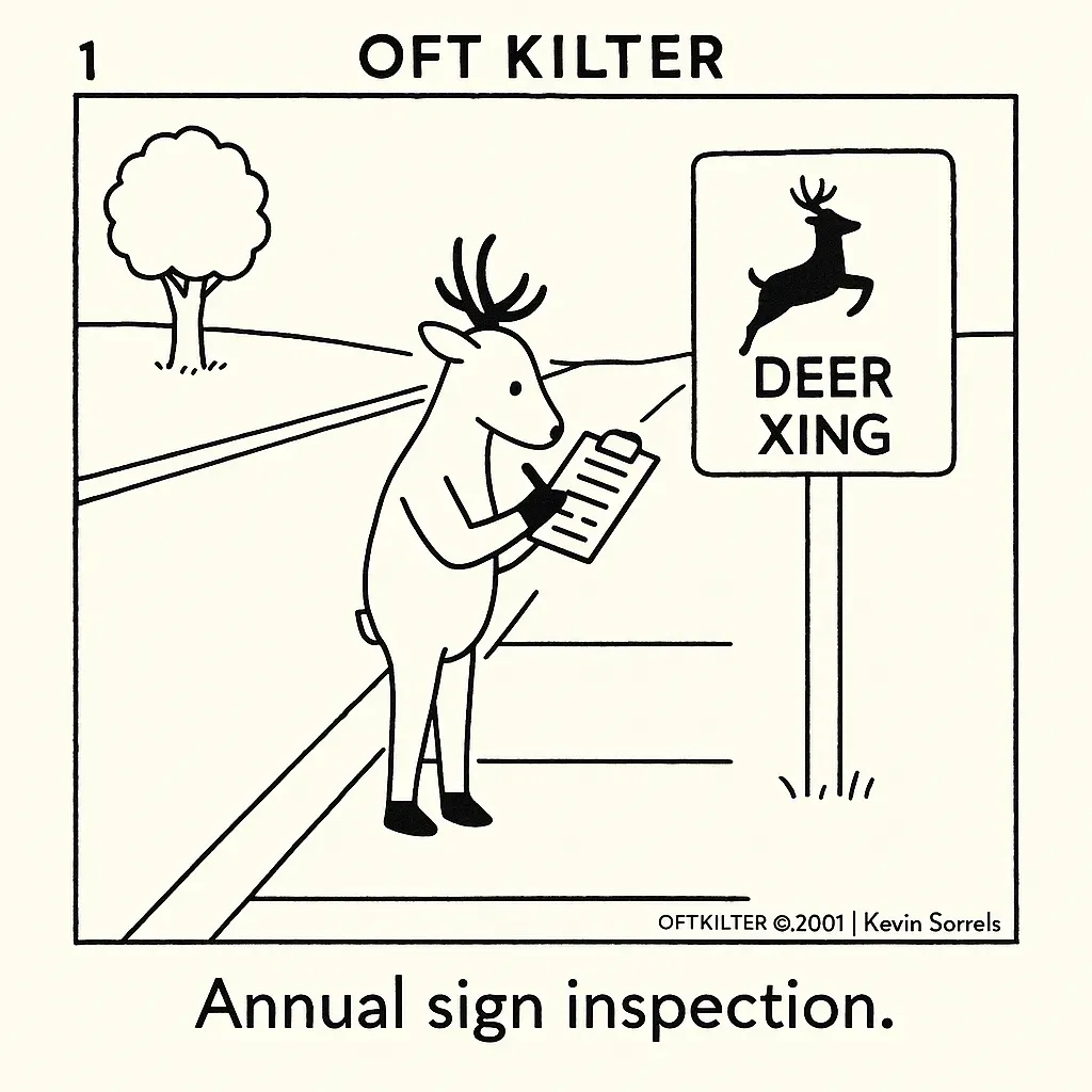 A deer inspects a deer crossing sign with a clipboard