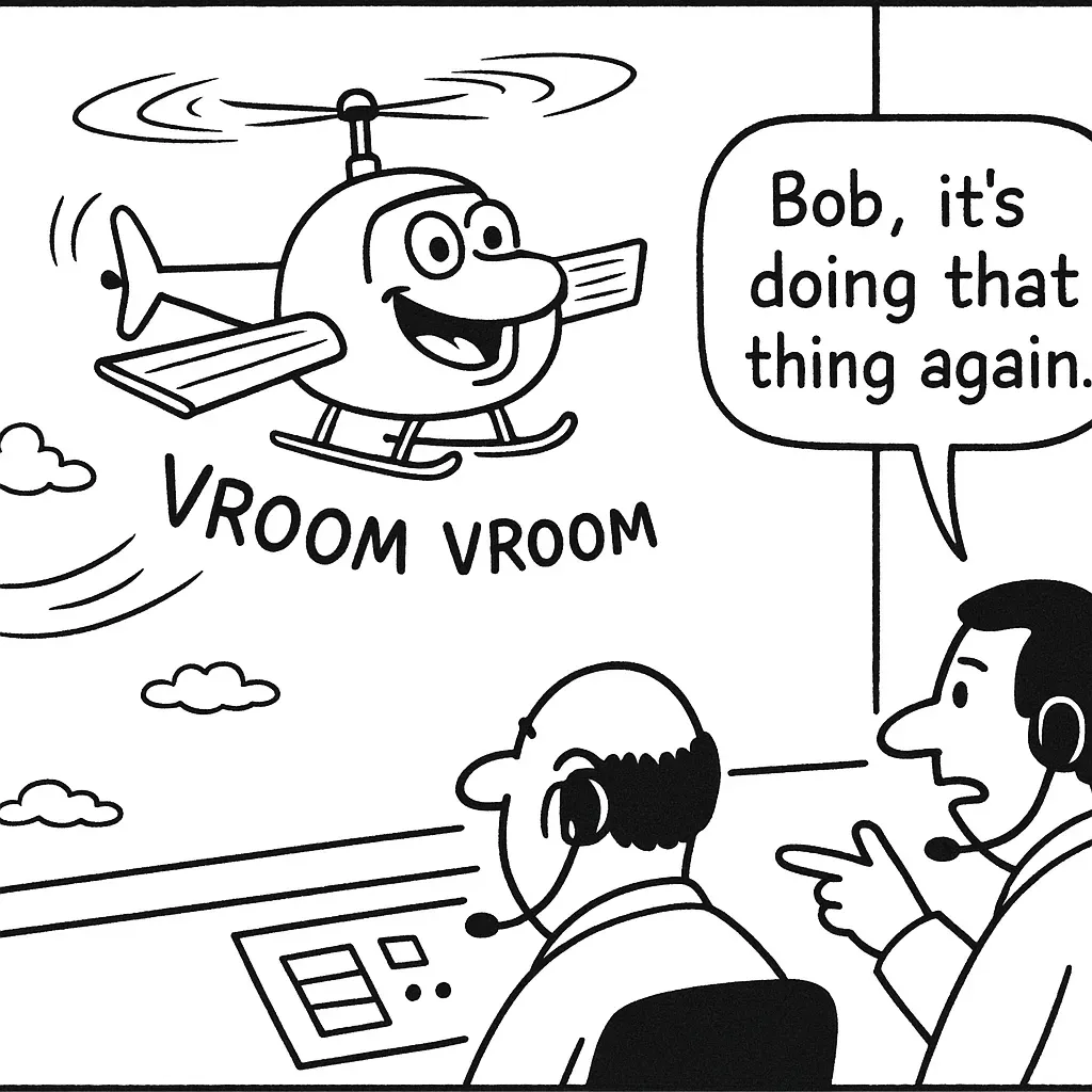 Air traffic controllers watch a smiling helicopter