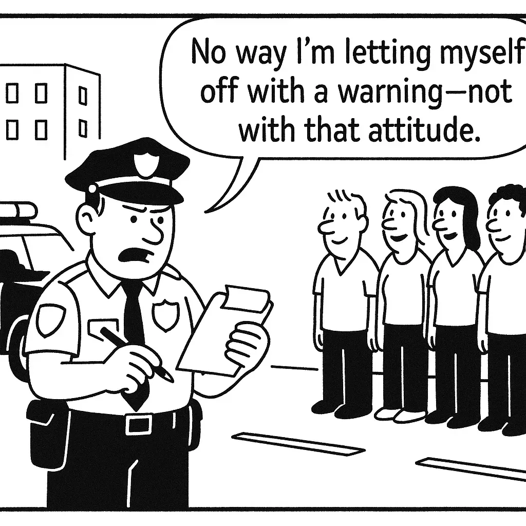 A police officer writes himself a ticket in front of a lineup