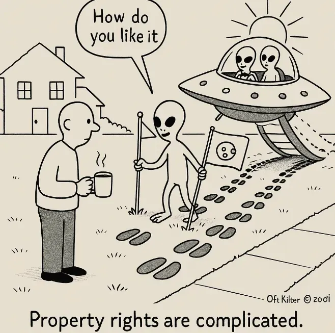 An alien plants a flag in a man's front lawn while he watches with his coffee