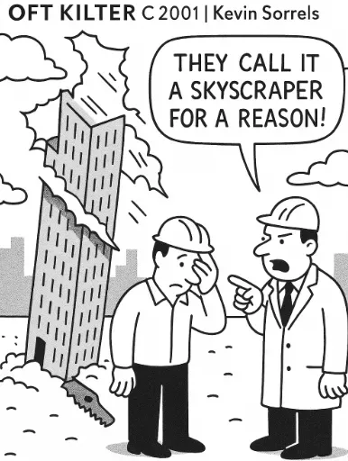 A building scrapes the sky while a man explains the name
