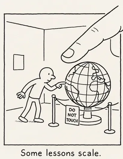 A giant finger reaches toward a globe marked do not touch
